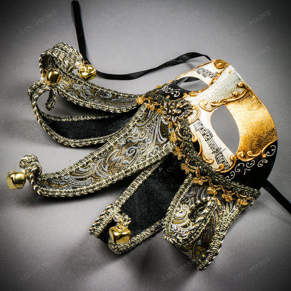 Jester Joker Venetian Musical Eye Mask with Bells - Black Gold - Picture 5 of 10